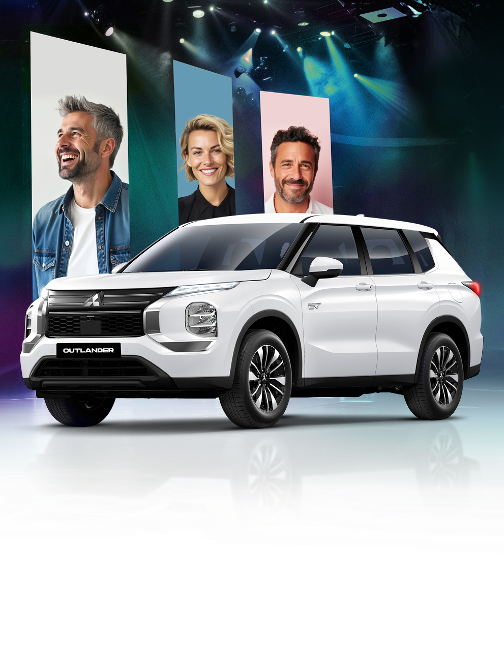 Mitsubishi Outlander Diamant in Weiß mit vier fröhlichen Menschen vor modernem Bühnen-Setting mit bunter Beleuchtung